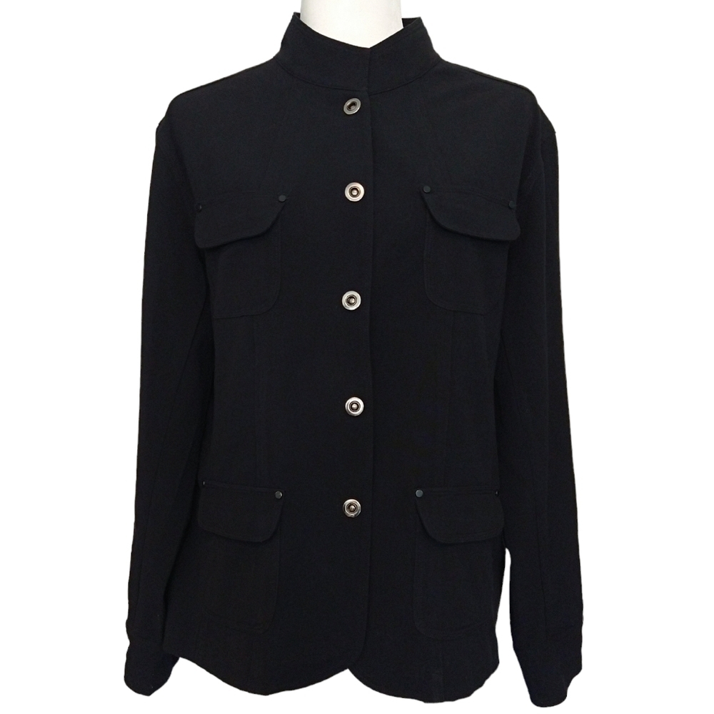 Chico's Black Snap Jacket 4 Pockets Stand Collar Classic Lightweight Minimalist
